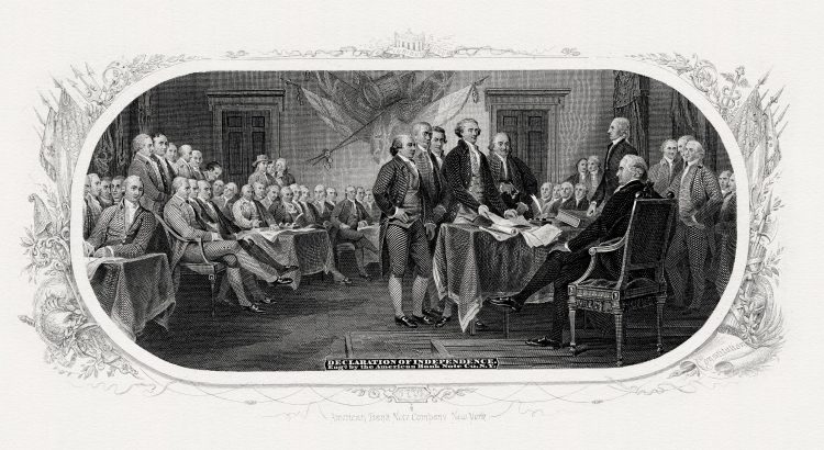 Bureau of Engraving and Printing engraved vignette of John Trumbull’s painting Declaration of Independence (c. 1818). Engraving by Frederick Girsch. Scanned from an original impression, part of a Treasury Department presentation album of portraits and vignettes (c. 1902), possibly presented to Lyman Gage. (Epson 10000XL scanner @2400dpi). For Independence Day 2024 Blog Post